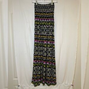 Black and multi-colored strapless maxi dress with a boho vibe